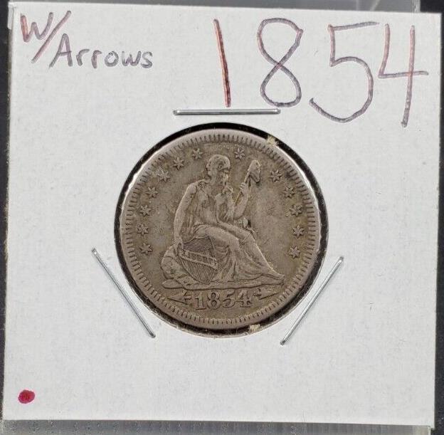 1854 W/A Seated Liberty Silver Quarter Coin With Arrows Choice VF Very Fine Circ