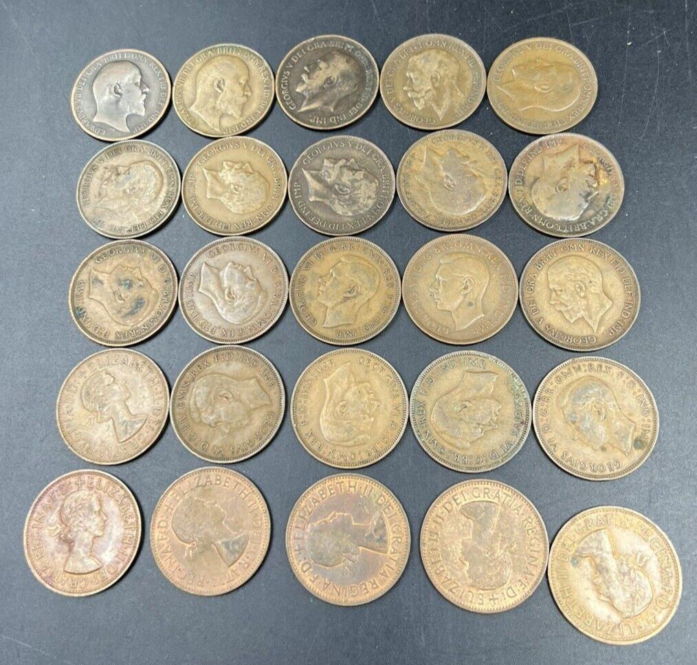 Estate Lot of 25 Different United Kingdom Great Britain 1p Large Penny Coins #25