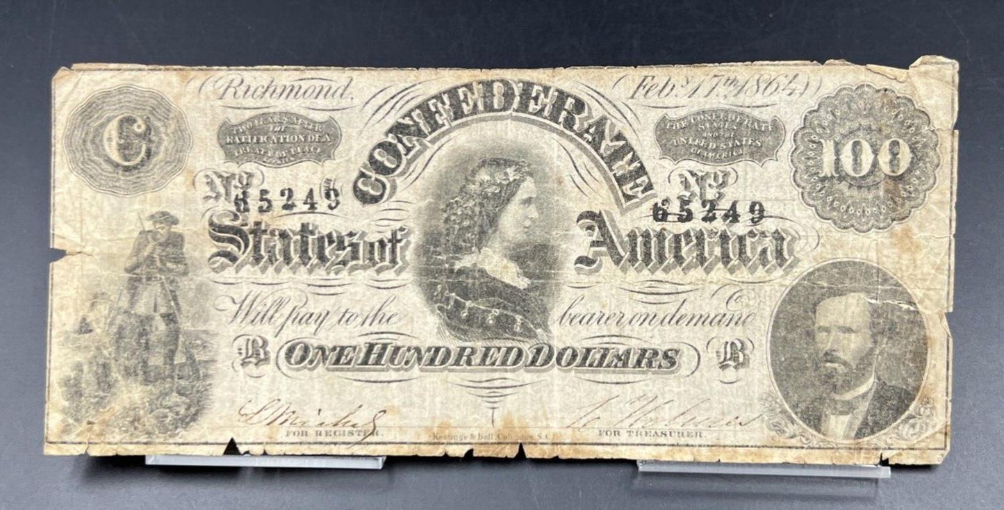 $100 1864 CONFEDERATE CURRENCY Richmond Hundred Dollar Bill #65249 February