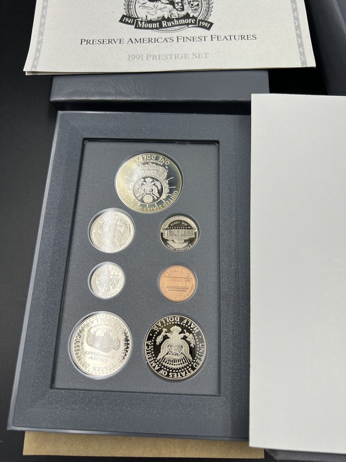 1991 S US Mint Prestige Proof Set OGP Box COA w/ Rushmore Silver Dollar & 50c