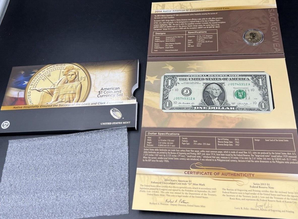2014 Lewis Clark Native American Dollar Coin & Currency Set Enhanced $1 GEM UNC