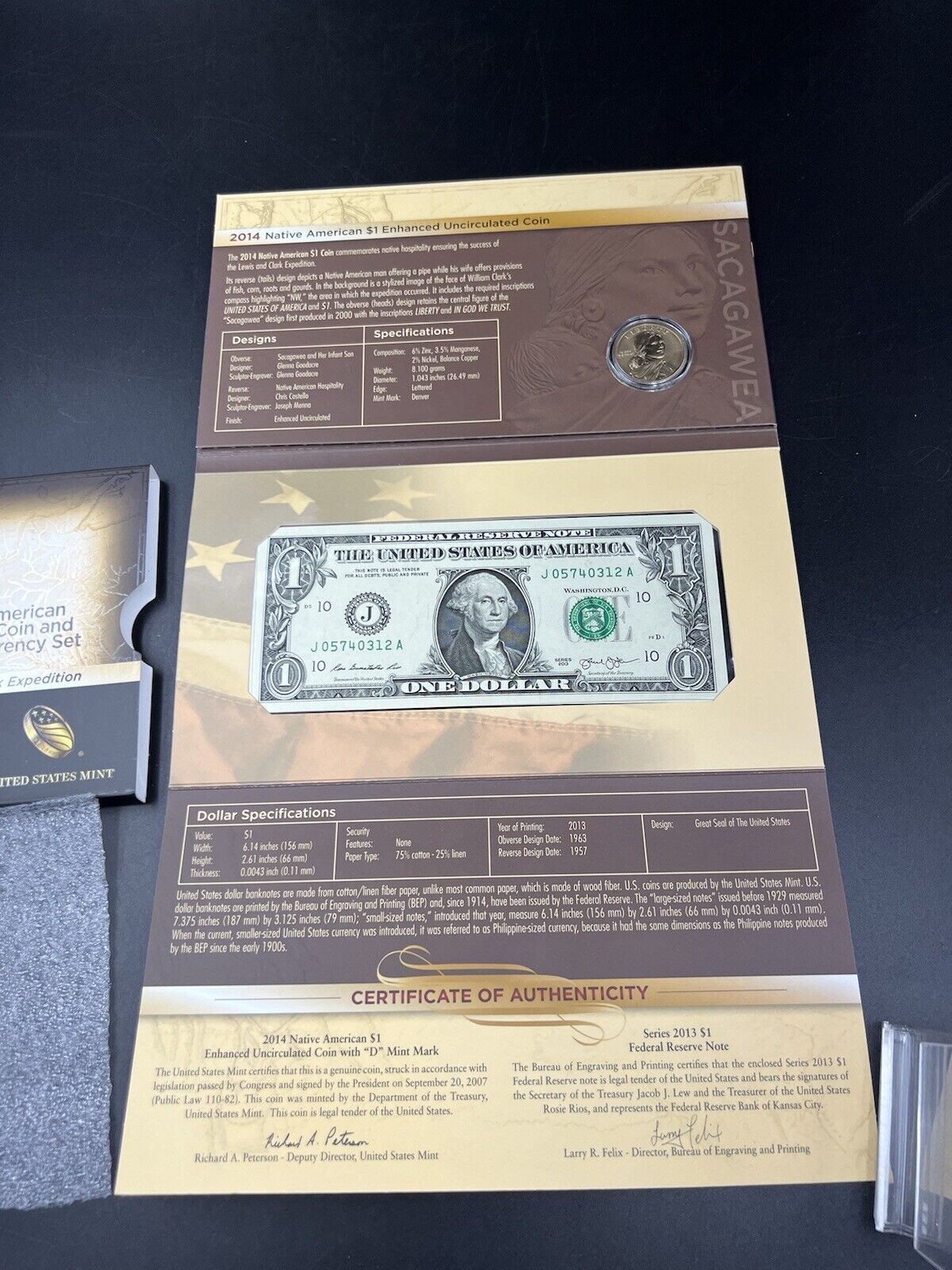 2014 Lewis Clark Native American Dollar Coin & Currency Set Enhanced $1 GEM UNC