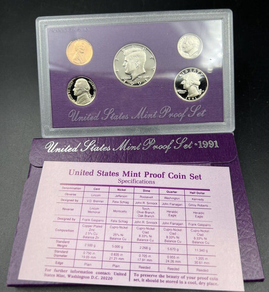 1991 S US Mint GEM Proof Set 5 Coin Clad Complete OGP