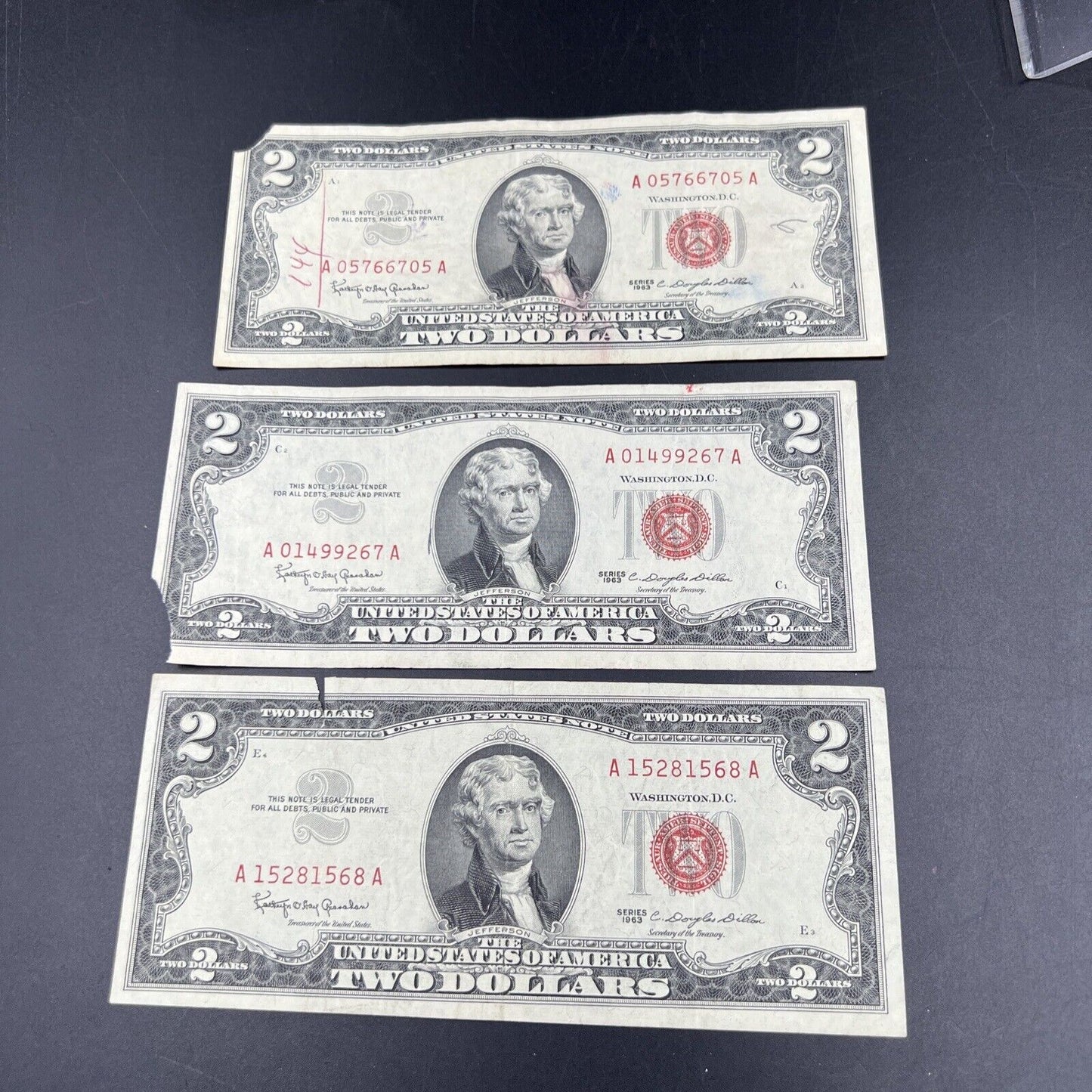Lot of 3 1963 $2 Two Dollar United States Red Seal Legal Tender Very Circulated