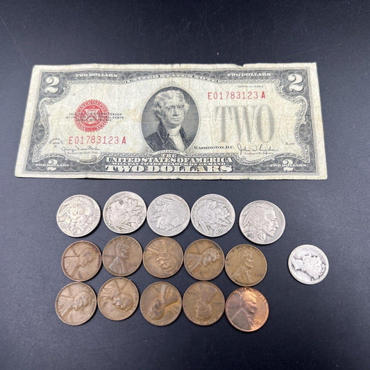 Great Depression Pocket Money Lot 1928 $2 Buffalo 5c Wheat 1c & 1 90% Silver 10c