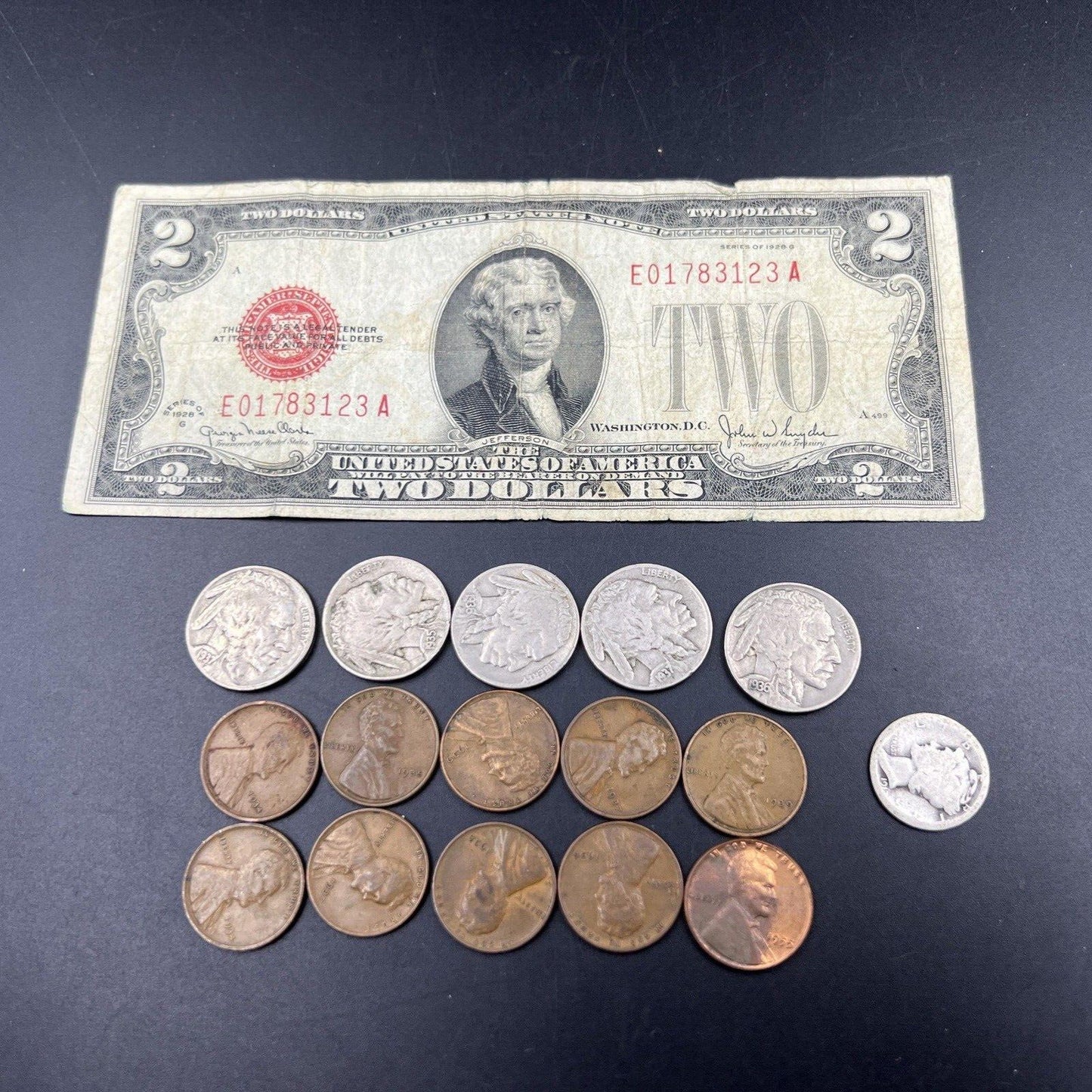 Great Depression Pocket Money Lot 1928 $2 Buffalo 5c Wheat 1c & 1 90% Silver 10c