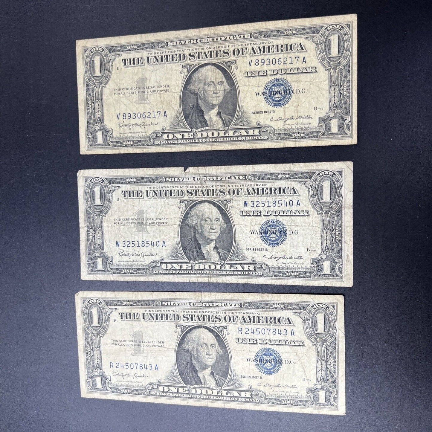 Lot of 3 Notes 1957 Silver Certificate Bill Currency US Blue Seal $1 G - VG #843