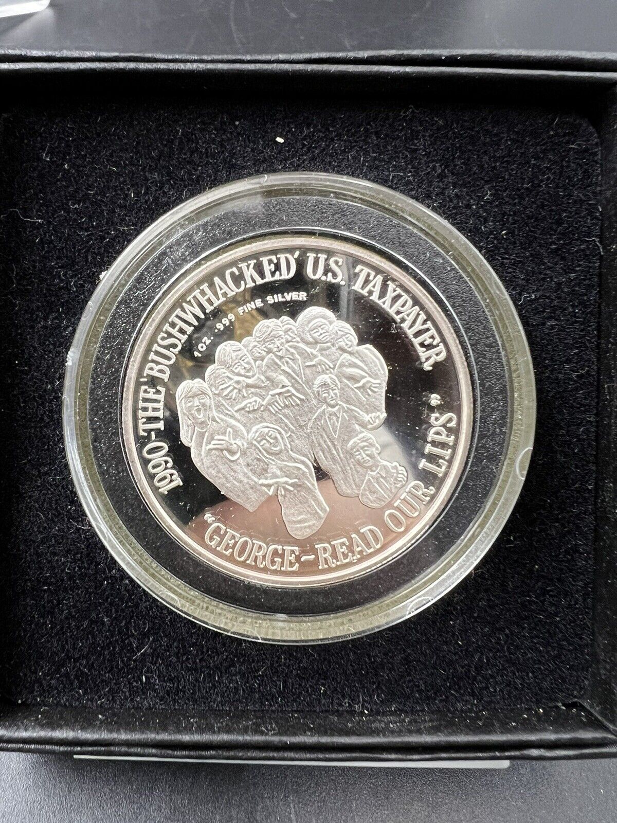 1990 Modern Hard Times 1 Oz Silver Round " Bushwhacked US Taxpayer " Proof Coin
