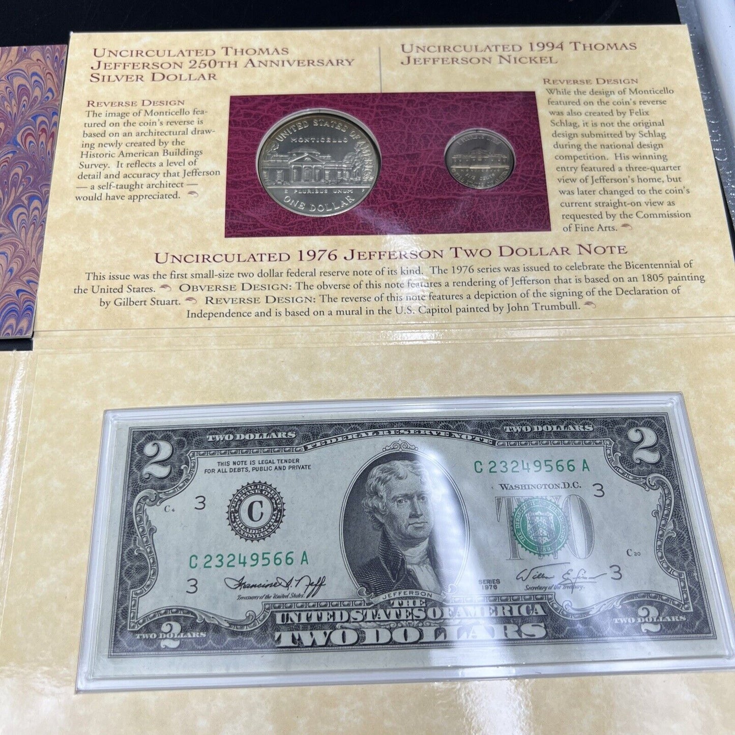 1993 Jefferson 250th Anniversary Silver Dollar Coin & $2 Currency Set OGP w/ COA