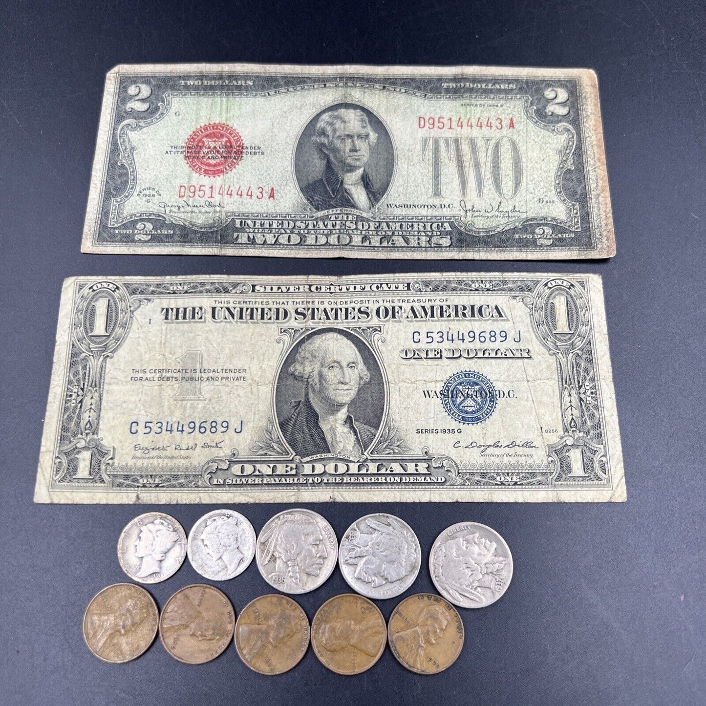 Great Depression Era Money 1928 $2 Buffalo 5c 2 90% Silver 10c Wheat 1c 1935 $1