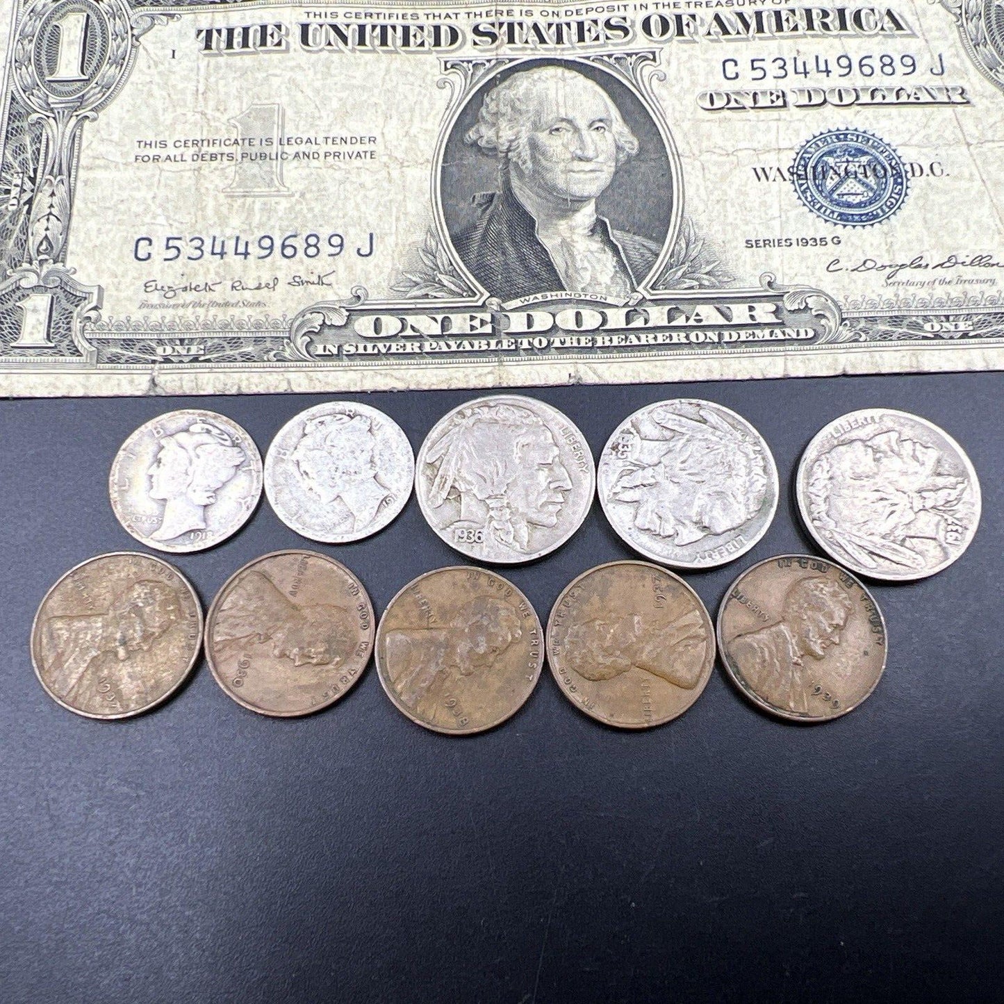 Great Depression Era Money 1928 $2 Buffalo 5c 2 90% Silver 10c Wheat 1c 1935 $1
