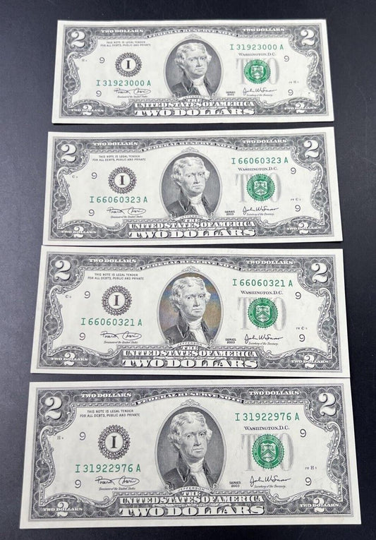 Lot of 4 2003 $2 Two Dollar FRN Notes CH UNC w/ Repeat Serial Numbers #