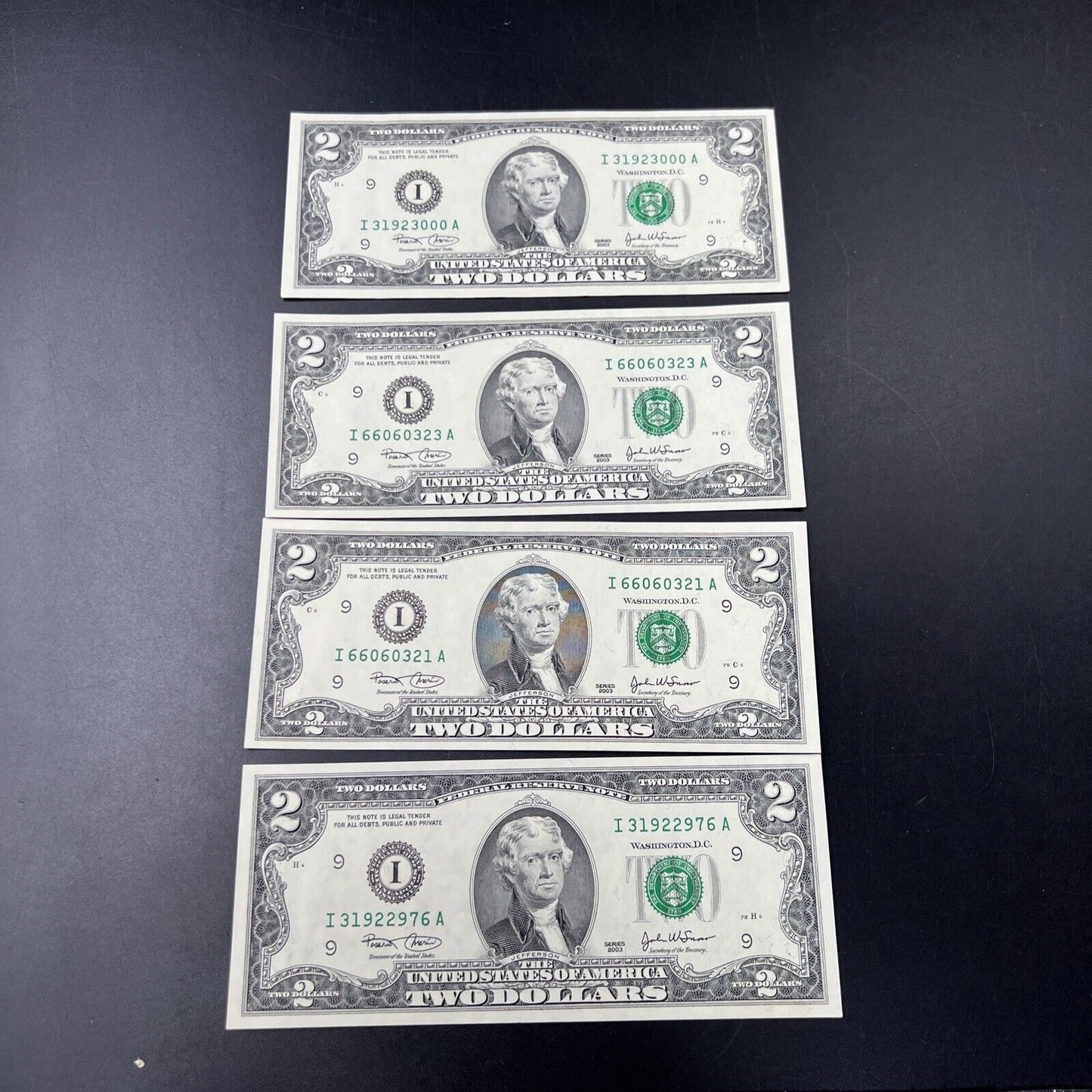 Lot of 4 2003 $2 Two Dollar FRN Notes CH UNC w/ Repeat Serial Numbers #