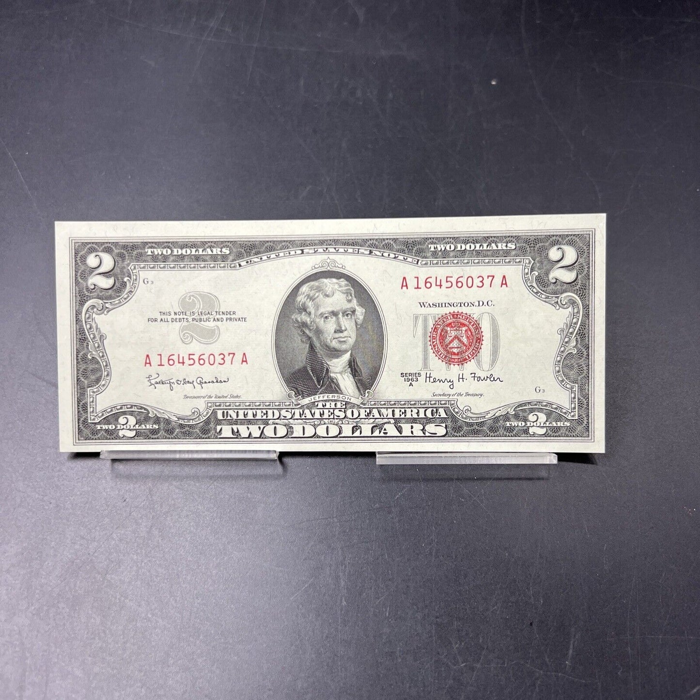 1963 A $2 Legal Tender Red Seal US Note Bill CH UNC Reverse Plate #1 OBV G3