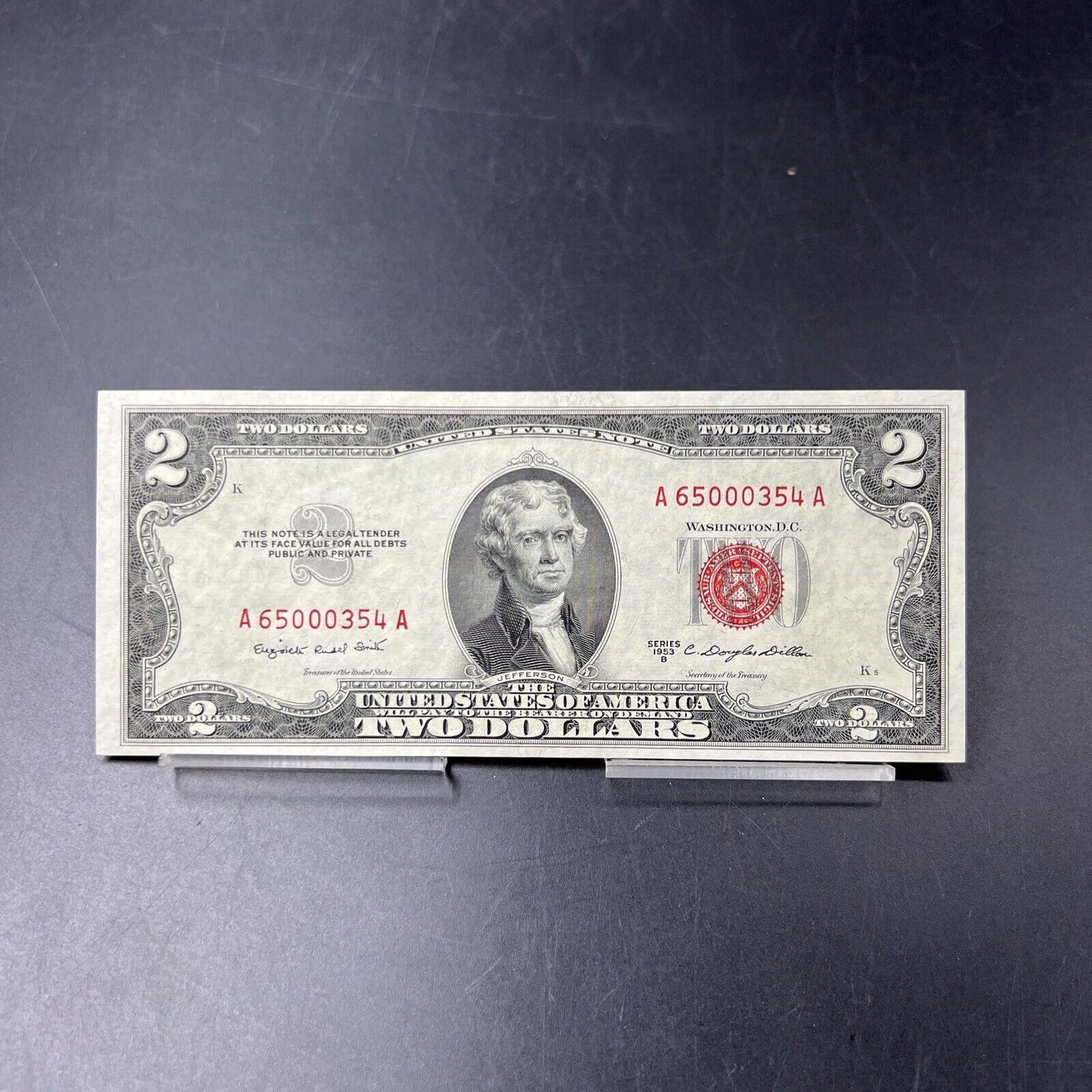 1953 B $2 Legal Tender Red Seal US Note CH UNC Low OBV Plate # Repeat Serial #