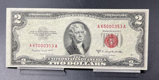 1953 B $2 US Currency Legal Tender Note Red Seal Choice UNC Repeat Serial Number