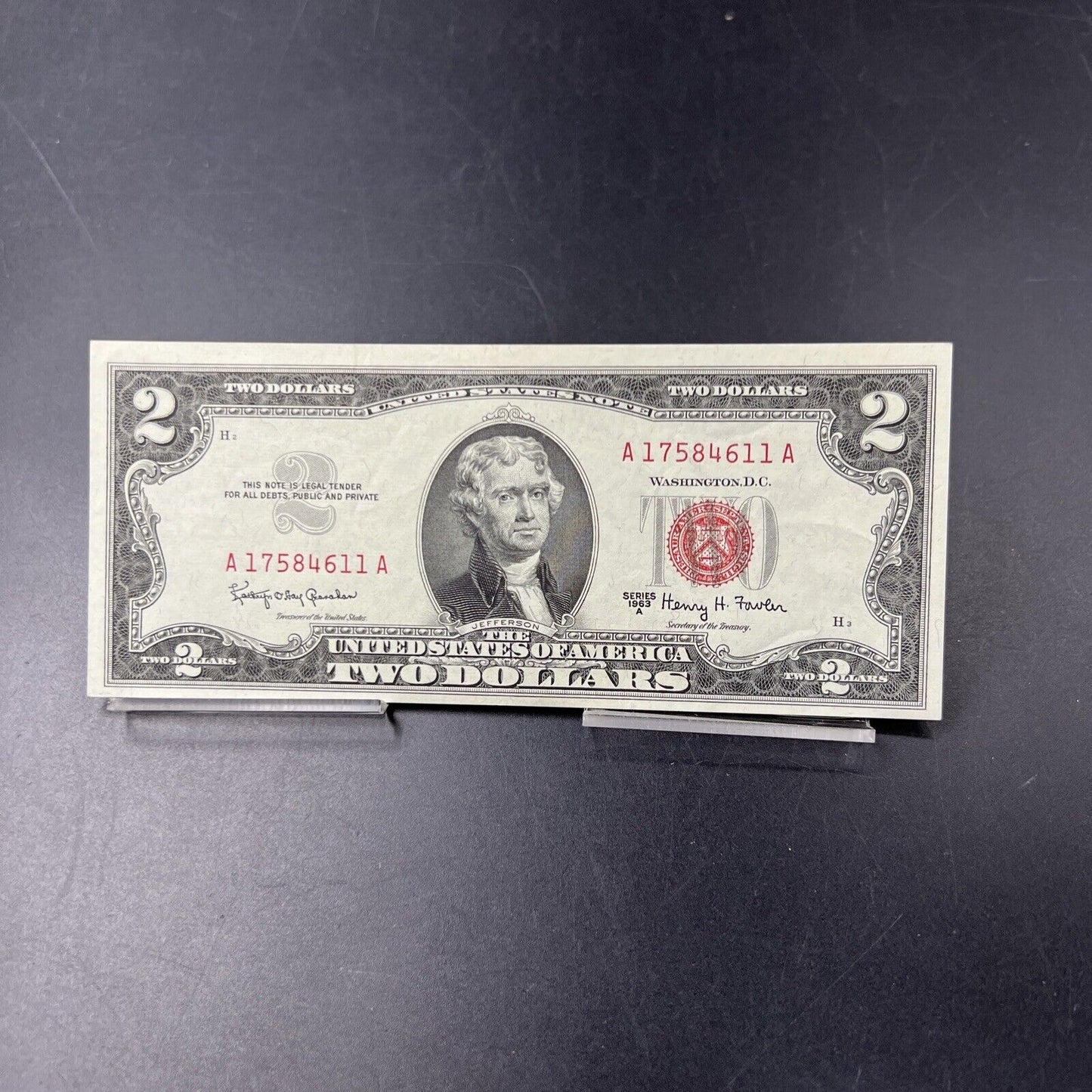 1963 A $2 United States Currency Legal Tender Note Red Seal Choice AU / CU UNC