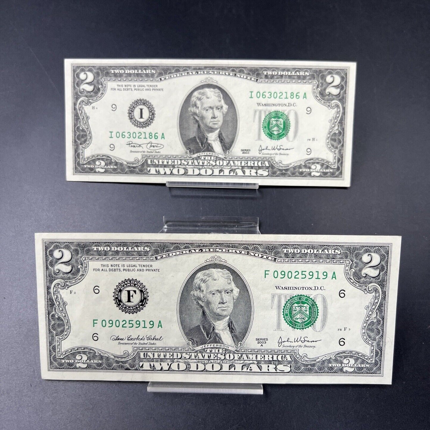 Two Fancy Serial # 2003 $2 FRN Federal Reserve Two Dollar Bill Choice AU