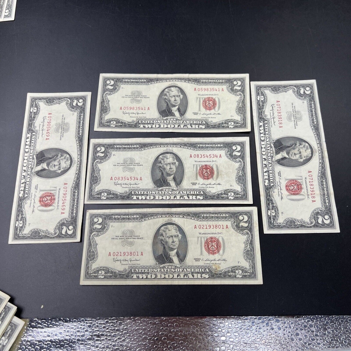 Lot of 5 1963 $2 United States Currency Legal Tender Note Red Seal Bills Fine +