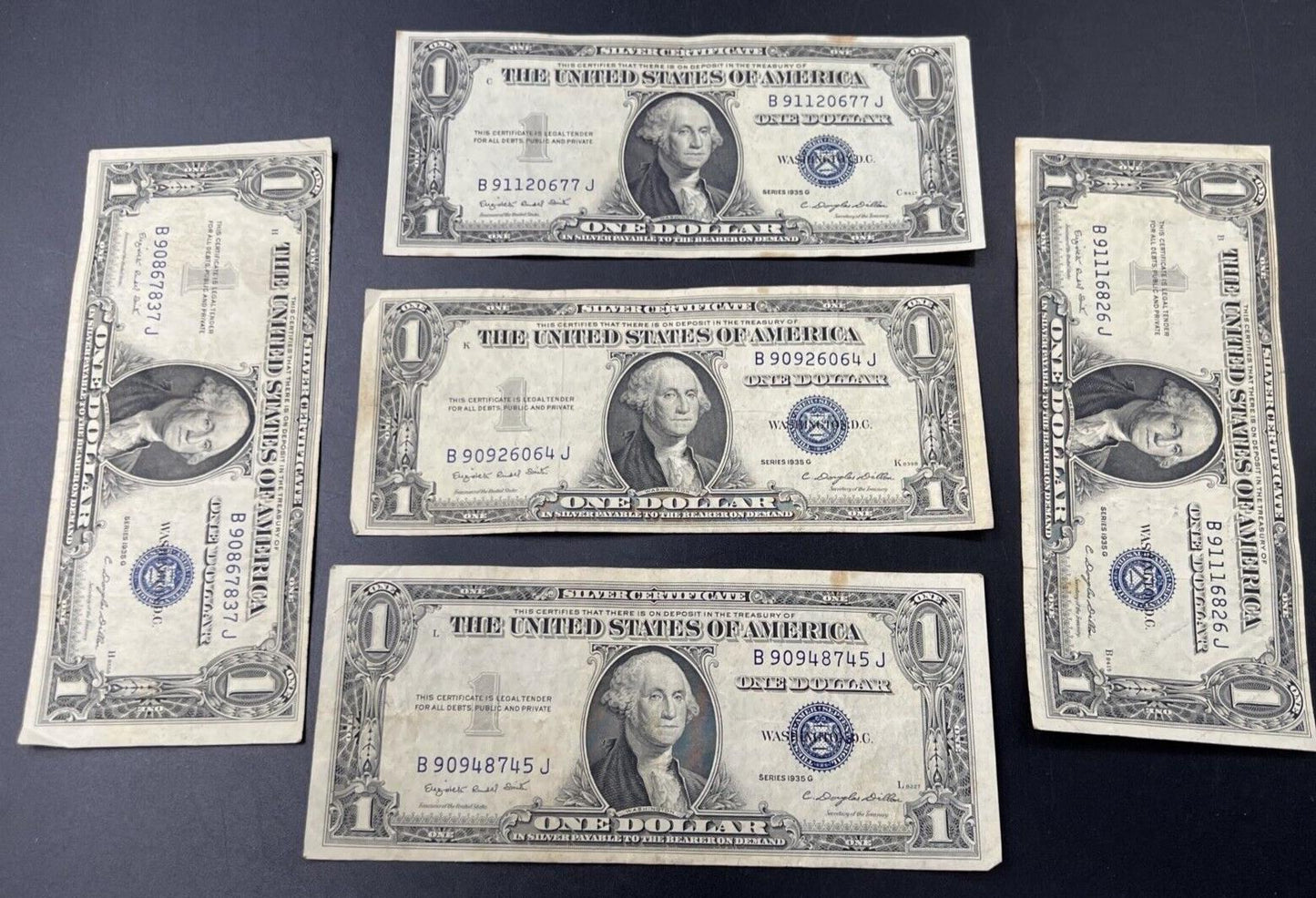 Lot of 5 1935 G $1 Silver Certificate Blue Seal Notes Fine Circ Neat Serial #s