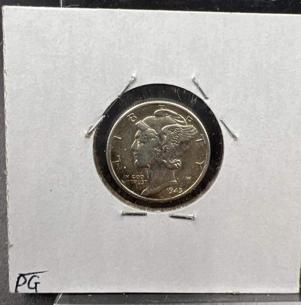 1945 D 10C Mercury Silver Dime Coin AU About UNC Neat Toning Reverse
