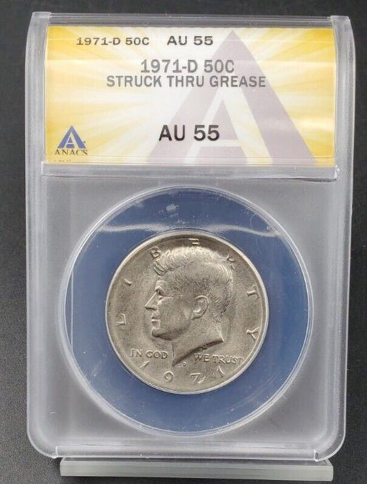 1971 D Kennedy Clad Half Dollar Coin ANACS AU55 Struck Thru Grease Error