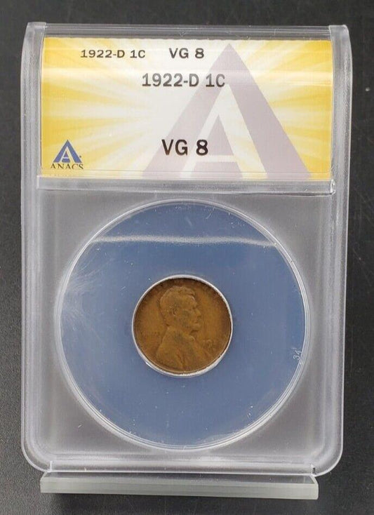 1922 D 1c Lincoln Wheat Cent Penny Coin ANACS VG8 Certified Very Good VG Circ
