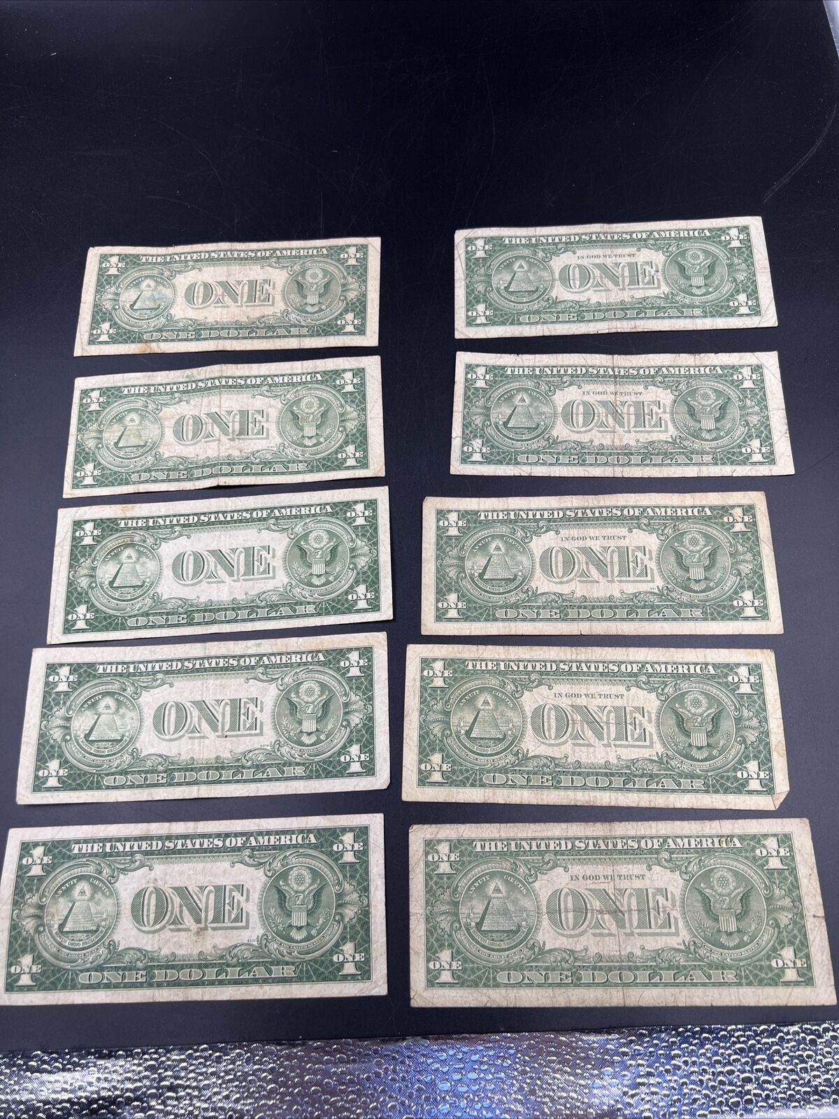 Lot of 10 $1 US Blue Seal Silver Certificates 5 each 1957 & 1935 Circ 10 Bills