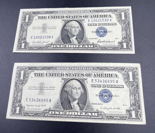 Lot of 2 1957  $1 Silver Certificate Blue Seal Notes AU About Unc Neat Serial #