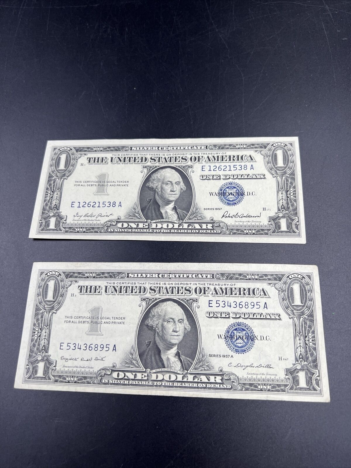 Lot of 2 1957  $1 Silver Certificate Blue Seal Notes AU About Unc Neat Serial #