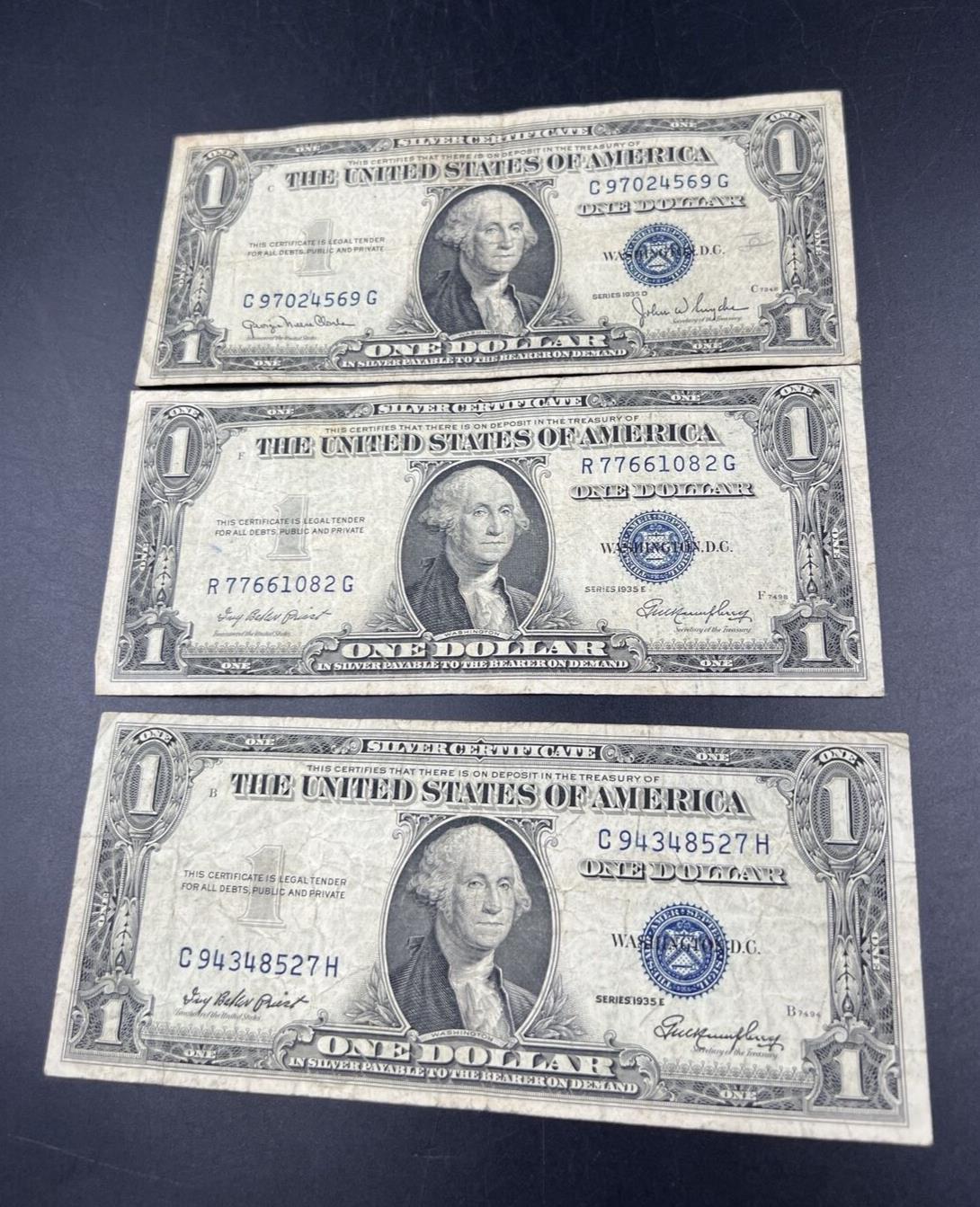 Lot of 3 1935 $1 Silver Certificate Blue Seal Notes Fine + Circ Neat Serial #