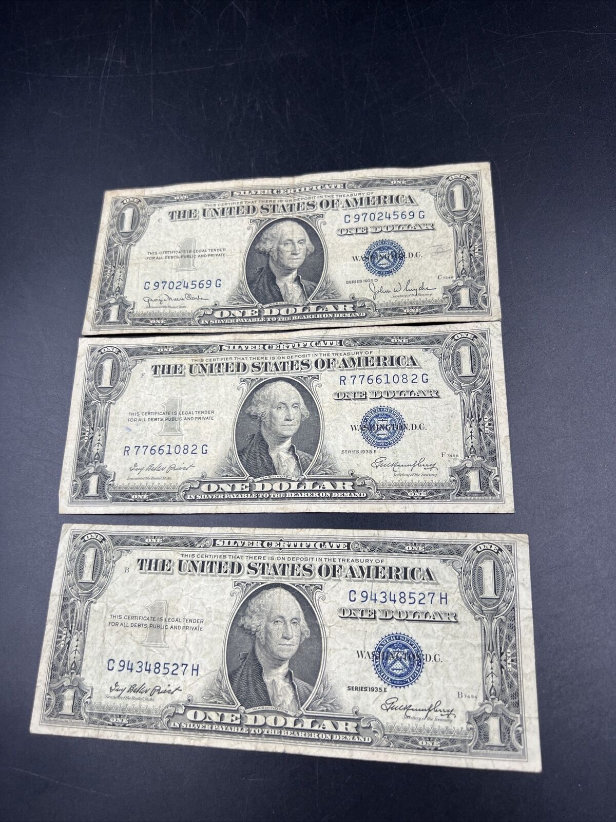 Lot of 3 1935 $1 Silver Certificate Blue Seal Notes Fine + Circ Neat Serial #