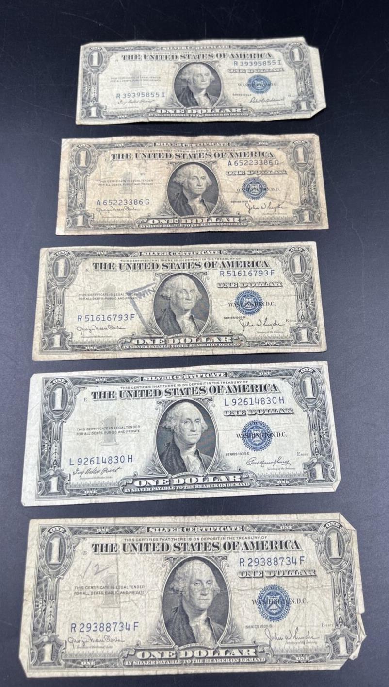 Lot of 5 1935 $1 Silver Certificate Blue Seal US Currency Notes Circ #734