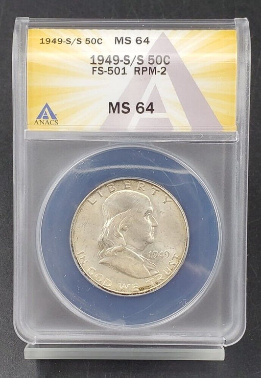 1949 S Franklin Silver Half Dollar Coin ANACS MS64 FS-501 RPM-2 Variety TONER RE
