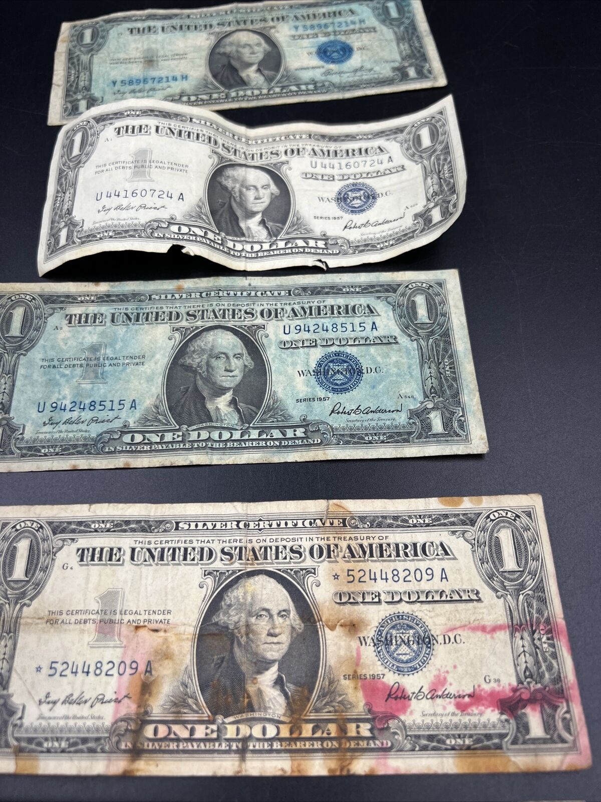 Lot of 5 1957 $1 Silver Certificate Blue Seal Notes Very Cull Very Circ #949