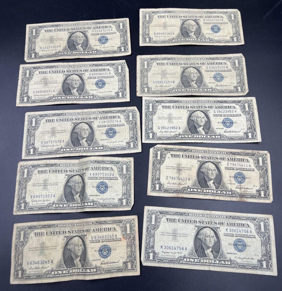 Lot of 10 1957 $1 One Dollar US Blue Seal Silver Certificates US Currency Circ