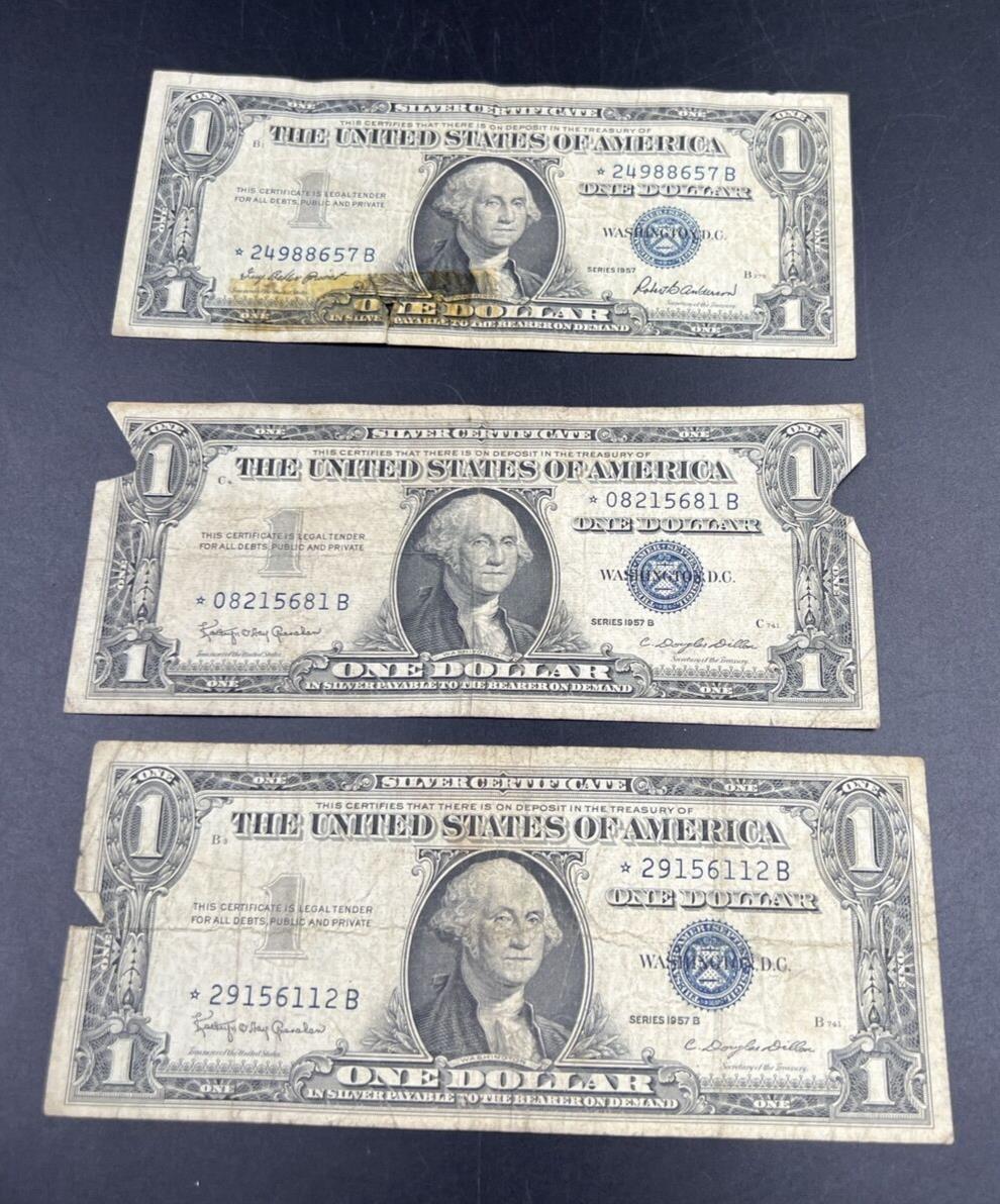 Lot of 3 1957 $1 Silver Certificate Blue Seal Star Notes CULL Circ Neat Serial #