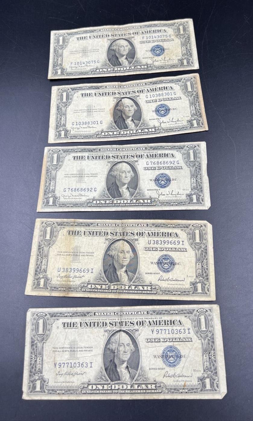 Lot of 5 1935 $1 Silver Certificate Blue Seal Notes G / VG Circ Neat Serial #