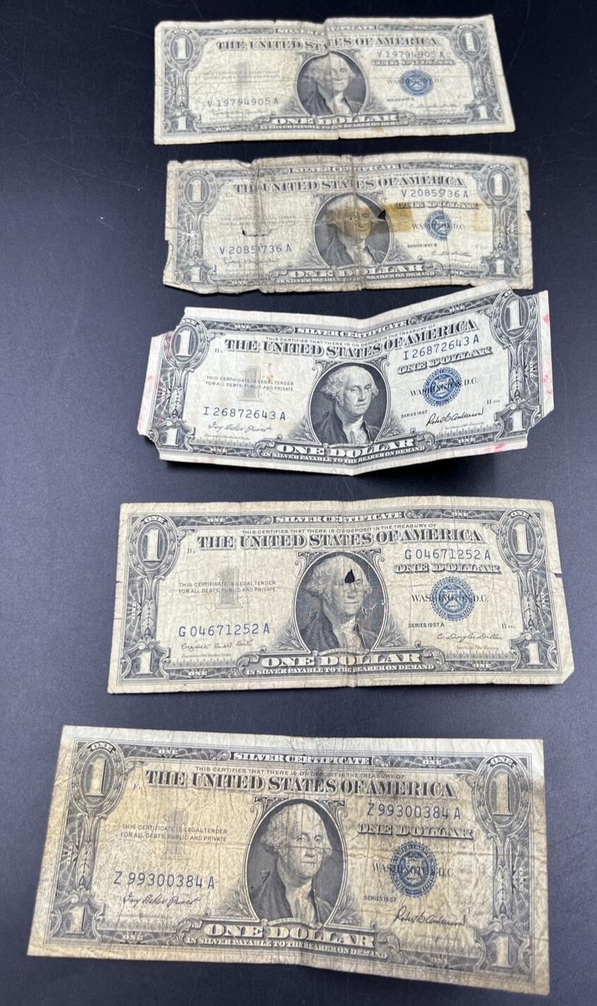 Lot of 5 1957 $1 Silver Certificate Blue Seal Notes Very Cull Very Circ #384