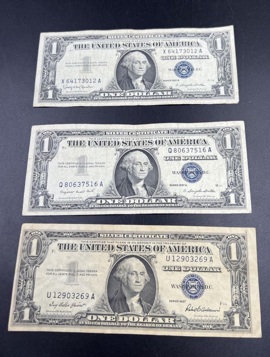 Lot of 3 1957 $1 Silver Certificate Blue Seal Notes Choice VG / Fine #012