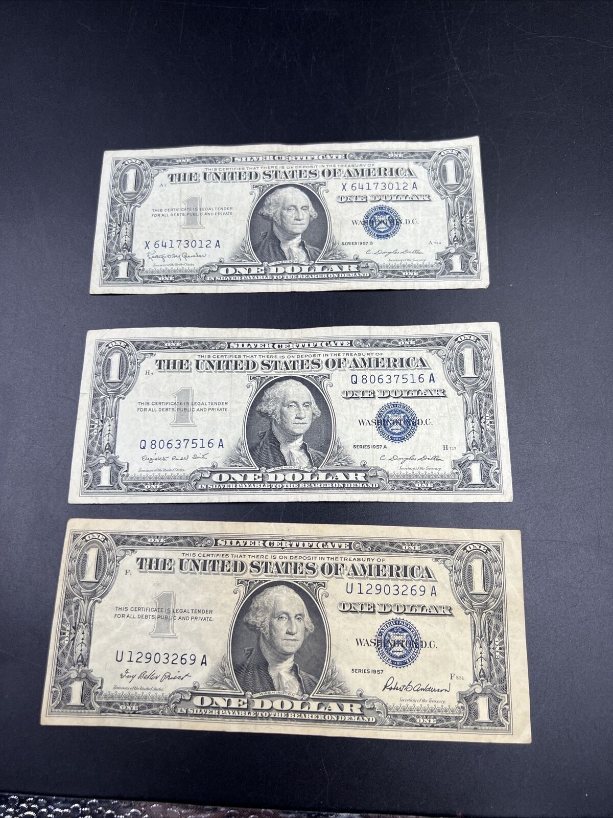 Lot of 3 1957 $1 Silver Certificate Blue Seal Notes Choice VG / Fine #012