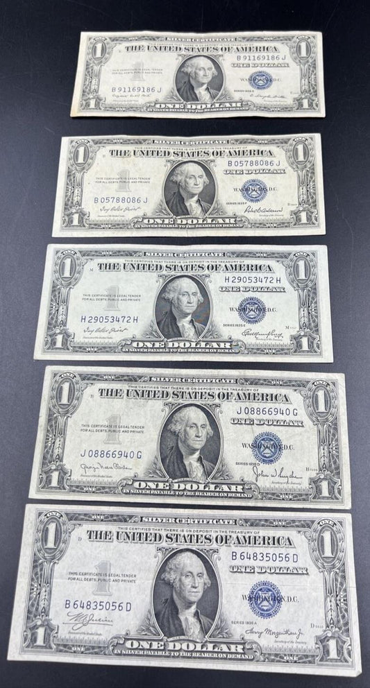 5 Note 1935 Partial Letter Set Silver Certificate Bills A D E F G Fine Circ