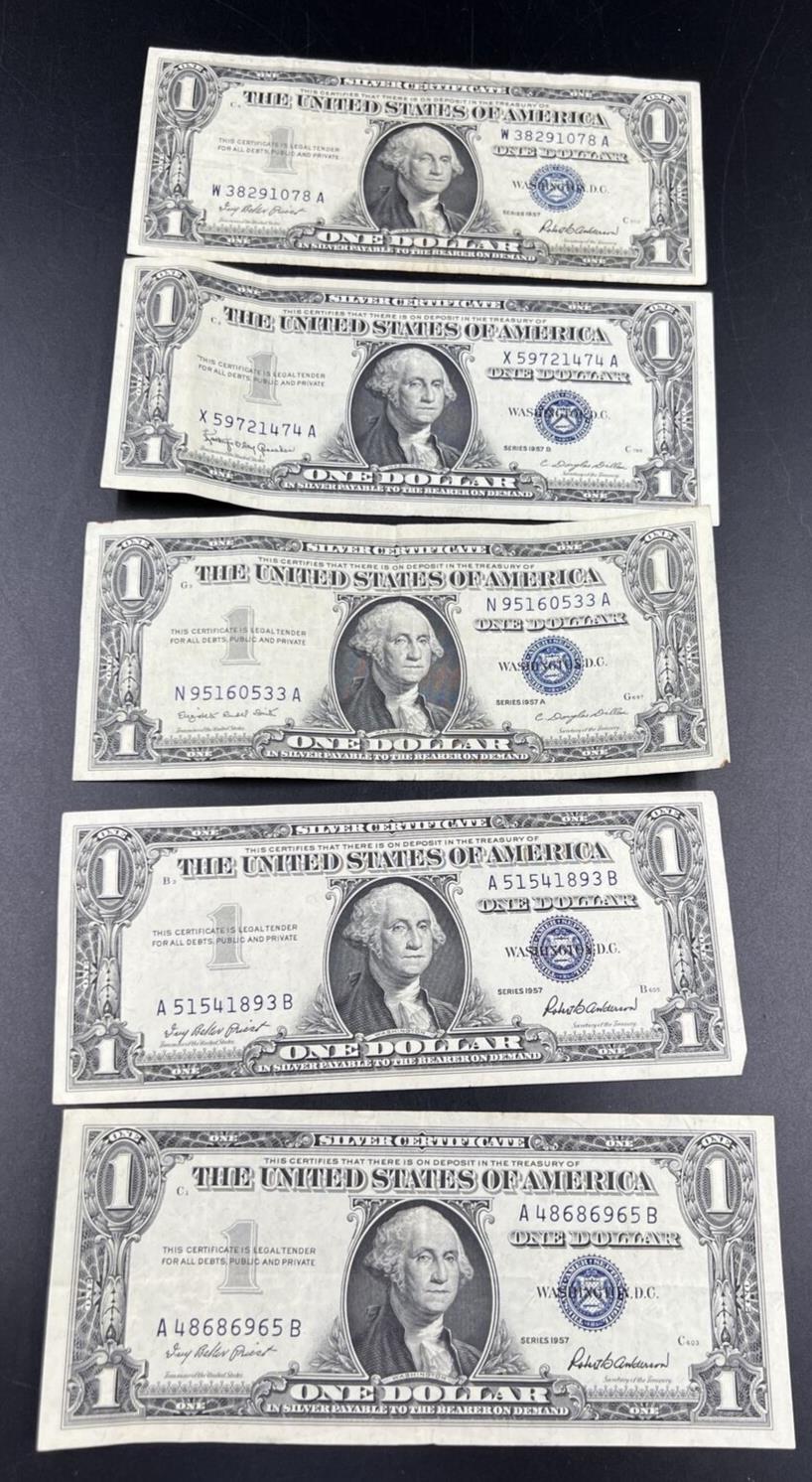 Lot of 5 1957 $1 Silver Certificate Blue Seal Notes Fine / VF Nice Circ #695