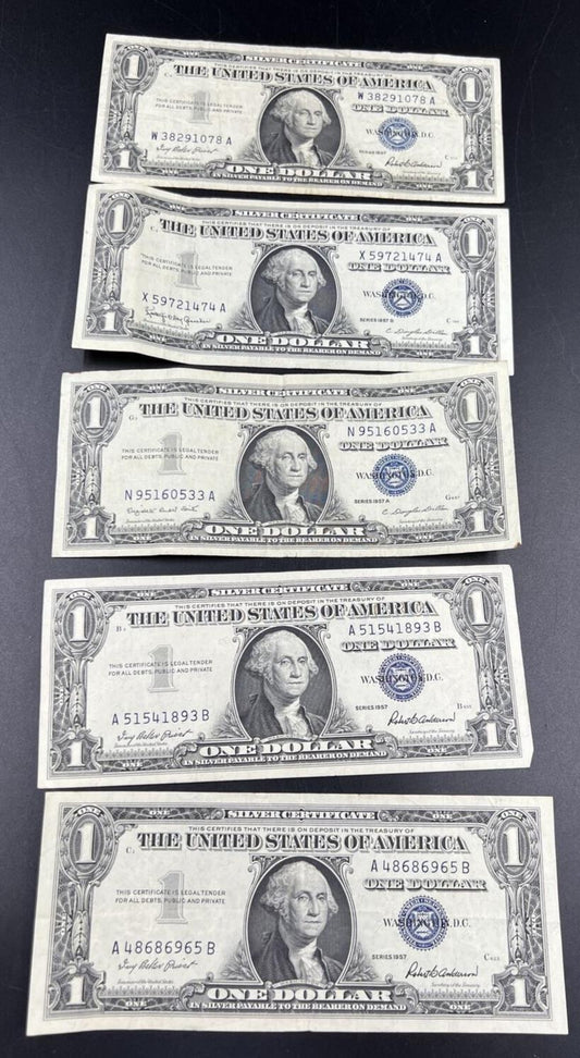 Lot of 5 1957 $1 Silver Certificate Blue Seal Notes Fine / VF Nice Circ #695