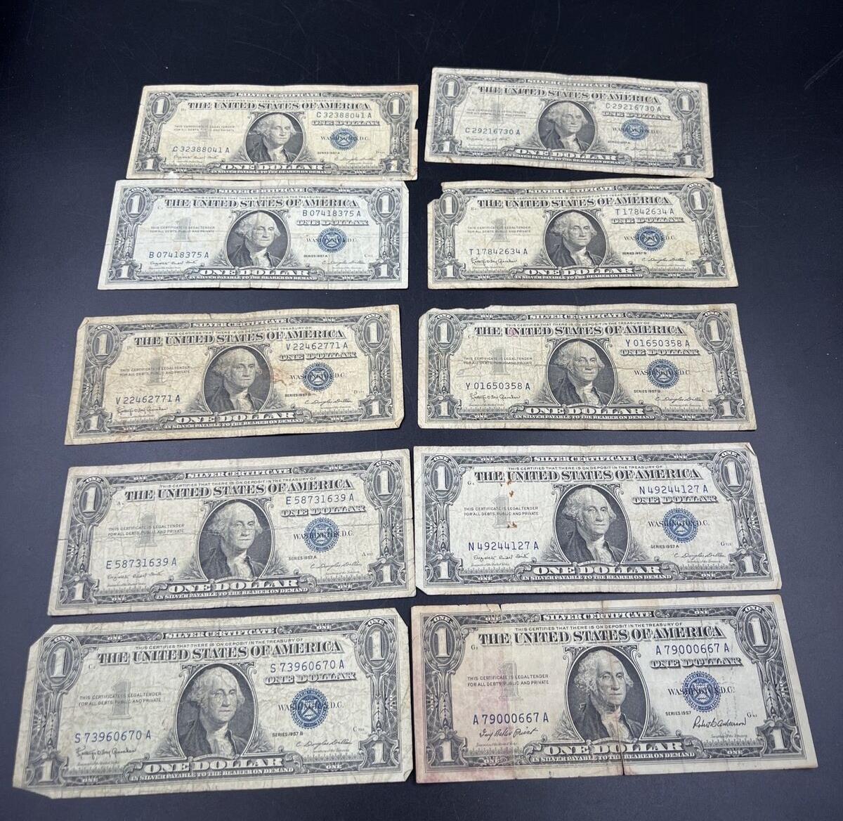 Lot of 10 1957 $1 Silver Certificate Blue Seal Notes Cull Very Circ US Currency
