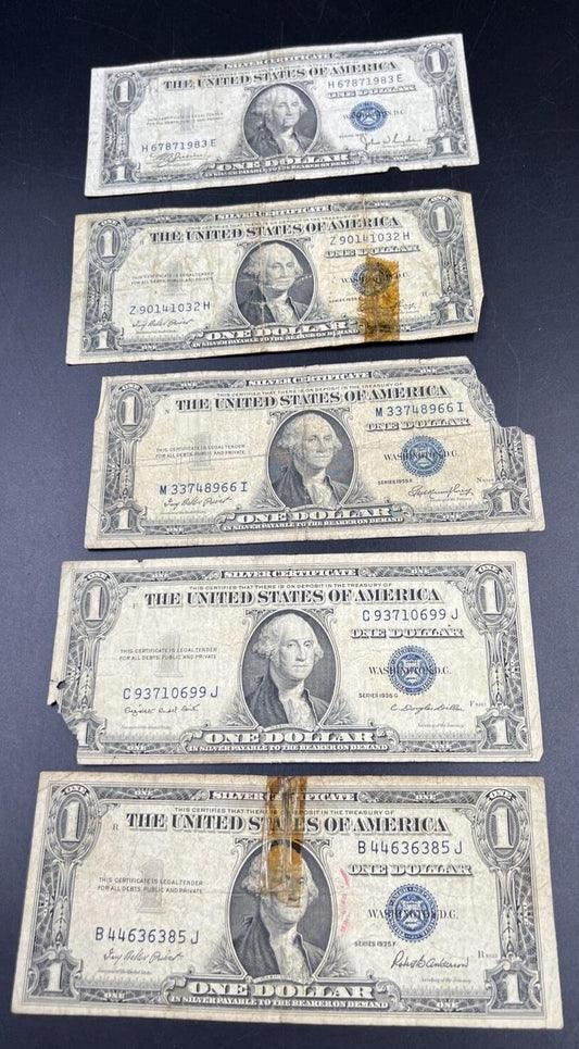 Lot of 5 1935 $1 Silver Certificate Blue Seal Notes Cull Circ US Currency #983