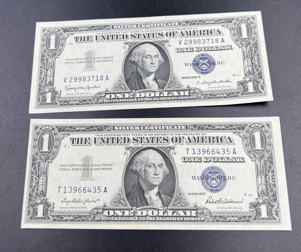 Lot of 2 1957 $1 Silver Certificate Blue Note One Dollar Bills CH VF / XF #435