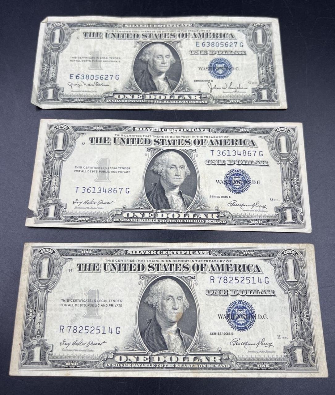 Lot of 3 1935 $1 Silver Certificate Blue Seal Notes VG / Fine Circ #514
