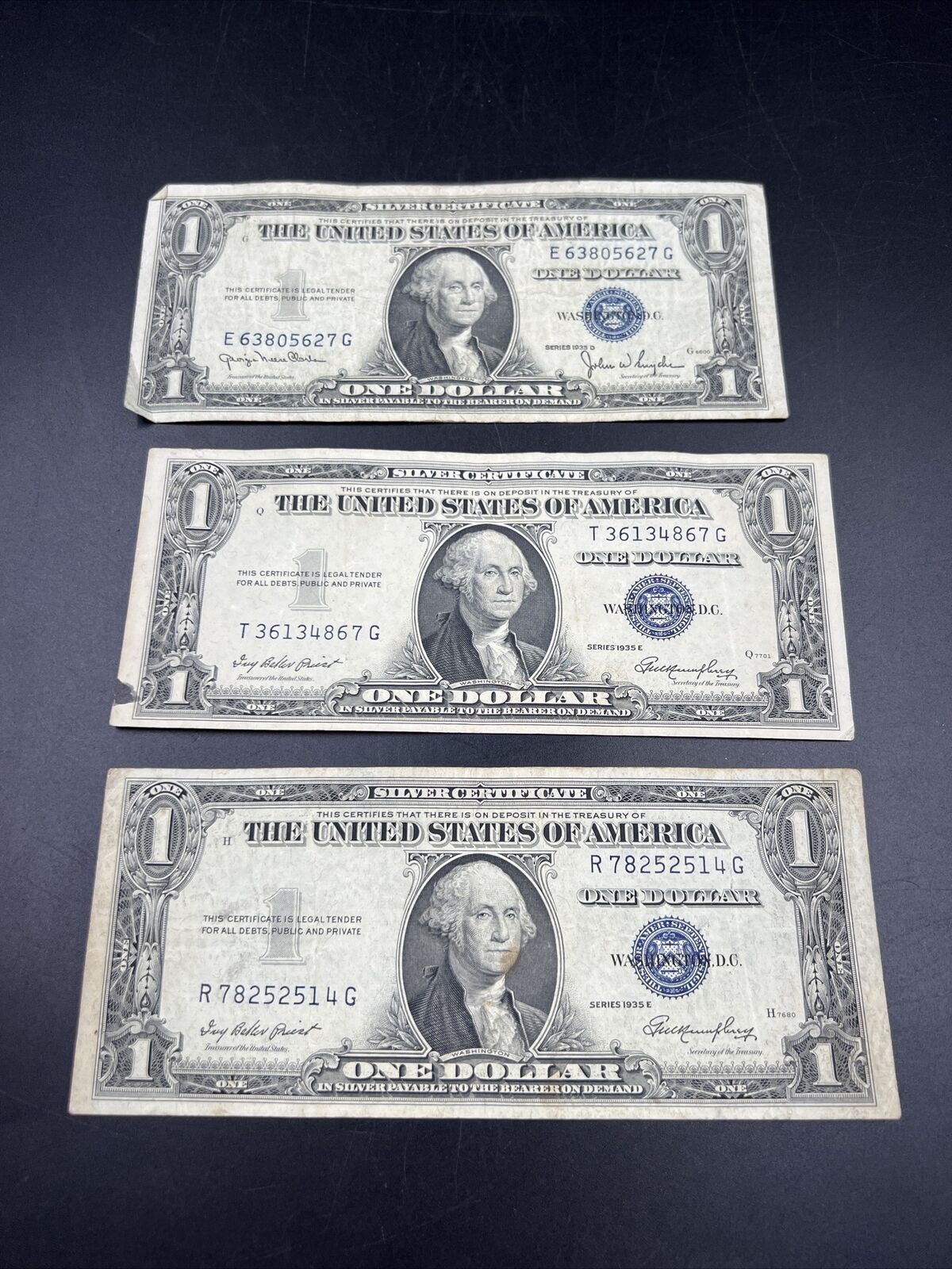 Lot of 3 1935 $1 Silver Certificate Blue Seal Notes VG / Fine Circ #514