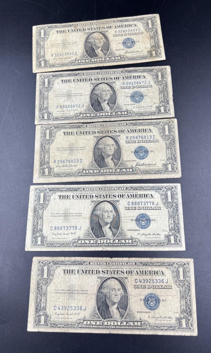 Lot of 5 1935 $1 Silver Certificate Blue Seal Notes VG Circ Neat Serial #336